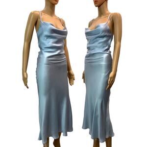 NWT Andjela "Kate" Icy Blue Satin Slip Style Open Back Midi Dress | XS